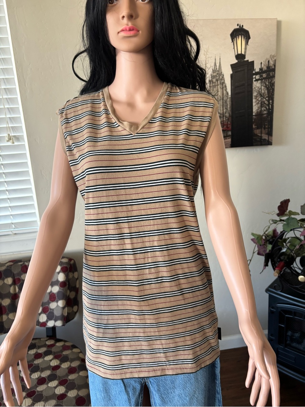 Burberry Beige Striped V-Neck Sleeveless Tank